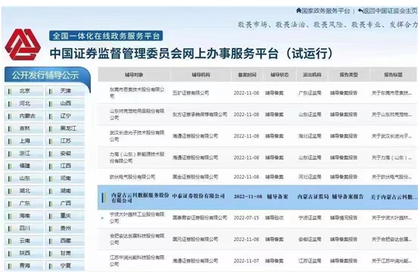 内蒙古云科(kē)数据于内蒙古证监局创业板报辅成功 